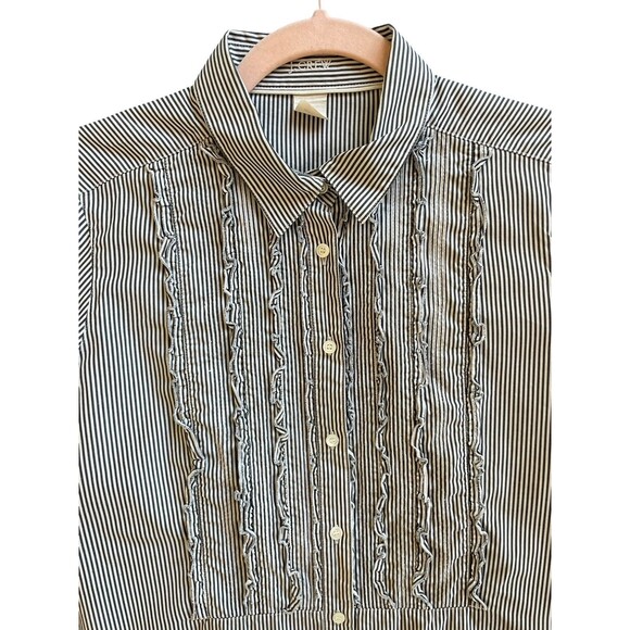 J.Crew Women’s Blue Striped Preppy Tuxedo Ruffle Front Button‎ Down Shirt Blouse - Picture 1 of 10